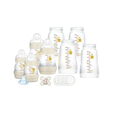 Mam Flaschenset, 8 Flaschen in den Größen 130 ml, 160 ml und 260 ml, 1 Start Nanò Schnuller, 4 Disketten, 1 Softtülle und Griffe, Farbe Beige — 730 g, 14,2 x 16,8 x 21,2 cm; 720 Gramm Cover