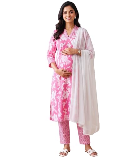 Image of DUMMY SHAPE Feeding Kurtis for Women Cotton Blend | Floral Kurta Pant Dupatta Set with Nursing Zippers to Pre & Post Partum | Maternity Dresses | Mom to Be Gifts for Pregnant Woman