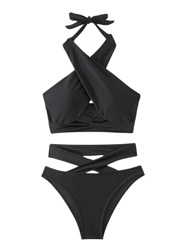 Floerns Women's 2 Piece Bathing Suit Cut Out Criss Cross Halter Bikini Set3