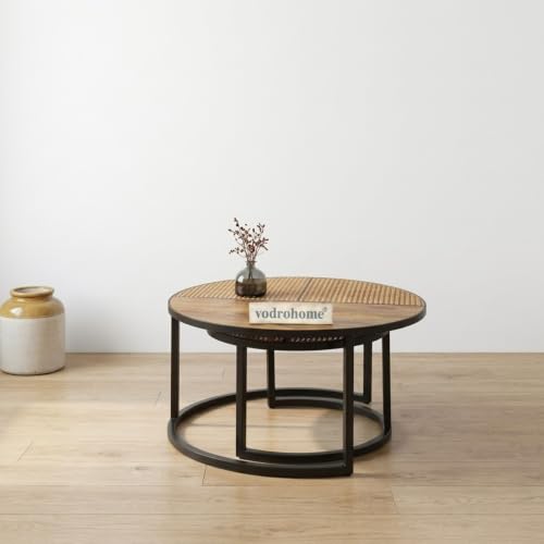 Image of Cane Nesting Coffee Table - Rattan Round Centre Table with Storage - Set of 2 Mango Wood Center Table C#048