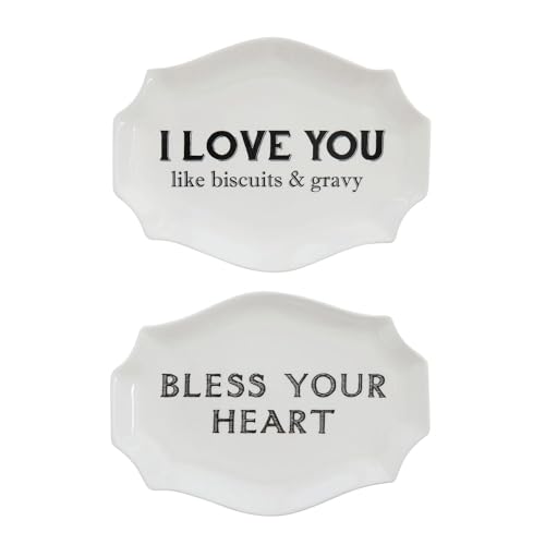 Creative Co-Op Stoneware Plates with Southern Sayings, White, Set of 2
