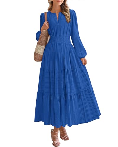 BTFBM Fall Dresses for Women 2025 Casual Long Sleeve V Neck Elastic Waist Lightweight Maxi Wedding Guest Dress Pockets