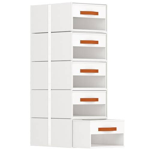 Easortm Stackable Storage Drawers - Pull Out Storage Bins with Drawers for Closet Clothes Organizers with Weekly Labels & Clear Window, Closet Shelf Storage for Bedroom, Living Room, 5 Pack, White