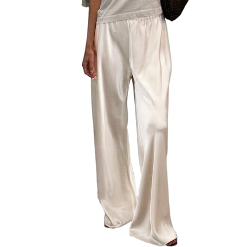 SOLILOQUY Women Y2K Satin Wide Leg Pants Casual Elastic High Waist Solid Loose Fit Lounge Pants Office Ladies Work Trousers (A White, M)