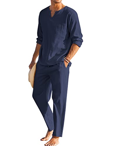 COOFANDY Men's 2 Pieces Cotton Linen Set Henley Shirt Long Sleeve and Casual Beach Pants Summer Yoga Outfits