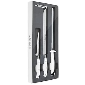 ARCOS Forged Slicing Set 3 Pieces – Nitrum Stainless Steel and mm Blade.Professional Kitchen Knife for Cooking. 755 gr. Ergonomic Polyoxymethylene POM Handle. Series Riviera Blanc. Color White