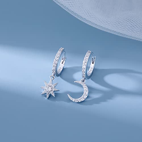 SLUYNZ 925 Sterling Silver Sparkling CZ Star Moon Small Hoop Earrings for Women Teens Asymmetric Star Moon Huggie Earrings3