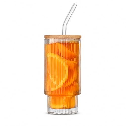 Image of Ribbed Glass Cup with Bamboo Lid and Straw - 300ml, Set of 1, Reusable Clear Drinking Tumbler for Iced Coffee, Tea, Juice, Smoothies & Cold Drinks, Glass Travel Cup for Home, Office & Gifts