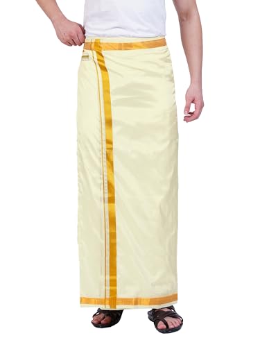 Image of PRAKASAM COTTON Double Layer 8 Mulam Velcro Pocket Dhoti for men | Mundu with Golden Jari Border, Readymade Dhoti for men, Silk Look, South Indian Veshti