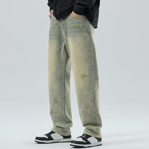 XYGJZ Mens Casual Straight Leg Jeans Loose Fit Vintage Blue Denim Pants Street Wear4