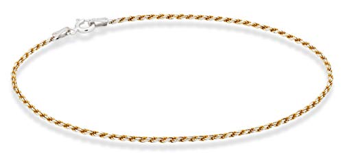 Miabella 925 Sterling Silver Solid 1.5mm Diamond-Cut Braided Rope Chain Anklet Ankle Bracelet for Women Teen Girls 9, 10 Inch Made in Italy (Yellow-Gold-Plated-Silver, 10)