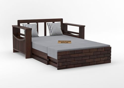 Image of Solid Sheesham Wooden Sofa Cums Bed with Mattresses for Living Room | Rosewood 2 Seater Sofa Cums Bed for Bedroom Without Pillow (B-Walnut Finish)