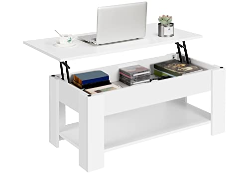 Yaheetech Lift Up Coffee Table, Wooden Lifting Coffee Table with Hidden Storage Drawer and Open Shelf, Space-saving Tea Tables for Living Room/Reception, White, 98x50x(42-56) cm