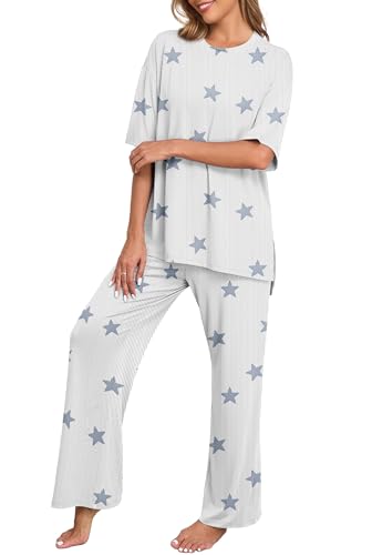 Image of PrinStory Womens Pajamas Sets 2 Piece Lounge Set Short Sleeve Tops and Long Pants Soft Pjs Loungewear with Pockets