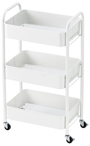 Image of MWQ Heavy Duty Rolling Cart, Mesh Utility Storage Cart with Lockable Wheels for Kitchen, Bathroom, Office, 3-Tier Metal, White