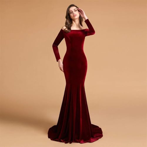 Off Shoulder Velvet Prom Dresses Mermaid Long Sleeves Formal Evening Party Gowns with Court Train pp1233