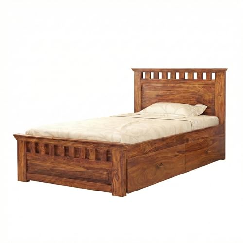 Image of SONA ART & CRAFTS Kuber Solid Sheesham Wood Single Bed (78x36) Furniture with Two Drawer Storage for Bedroom Solid Wood Bed Single Size Palang Wooden Cot Hostel Bed Living Room (Natural Finish)