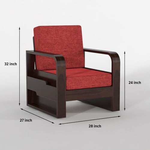 Image of Sheesham Wooden 1 Seater Sofa for Living Room | Solid Wood Sofa with Side Pocket Storage & Cushion | Rosewood Sofa Set for Home & Office | Lounge (Walnut with Red Cushion, 1 Seater)