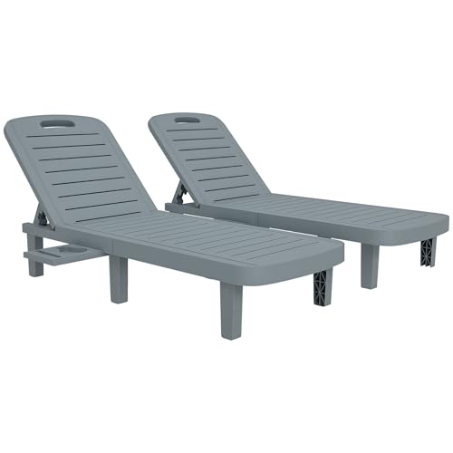 Outsunny Lot de 2 Bain de Soleil, Chaise Longue avec Plateaux rétractables, transat Jardin extérieur inclinable, Surface Effet Bois pour Plage Relax Camping Piscine...