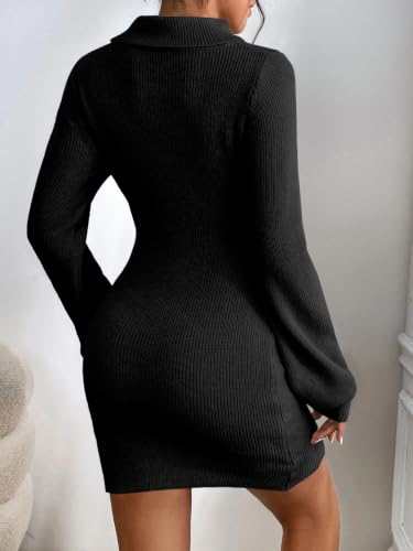 Image of Turtleneck Sweater Dress for Women Lantern Sleeve Mini Bodycon Ribbed Knit Sweater Pullover Short Dresses XS-XXL