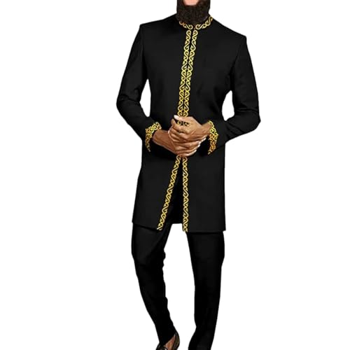 Generic Men's Social Suits Set of 2 Crewneck Long Sleeves Solid Color Paneled Shirts Festival Party African Ethnic Style