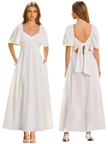 KUTUMAI Summer Maxi Dresses for Women 2025 V Neck Short Sleeve Bow Tie Flowy Long Formal Wedding Guest Dress with Pockets