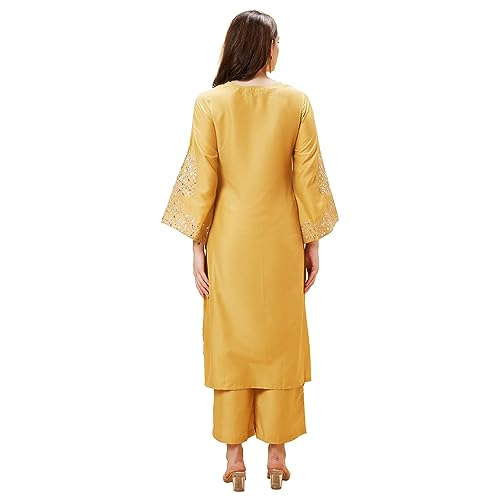 Image of Globus Women Red Embroidered V-Neck Yoke Gota Patti Flared Sleeves Festive A-Line Kurta Set with Trouser-3638464001