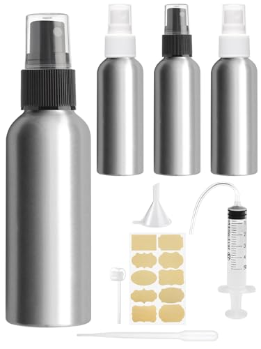 Bohoray 4 Piezas 100ml Bote Spray Pulverizador Pequeño,Aluminio Botella Spray,Pulverizador Colonia,Spray Agua Pulverizador Con Etiqueta, Embudo, Jeringa Para Aceite Esencial,Aromaterapia,Perfume,Viaje