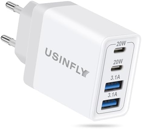 USINFLY European Travel Plug Adapter, 40W 4-Port USB C Wall Charger Plug Type C Fast Charging Block International Power Adaptor US to Europe EU for iPhone 17 16 15 14 13 12 11 Pro Max XS, iPad, Galaxy