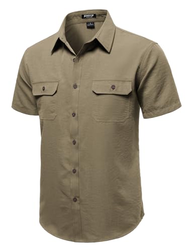 JEMITOP Mens Casual Stretch Regular Fit Shirt Button Down Short Sleeve Vintage Work Shirts with Two Pockets for Camp Vacation Dark Khaki L