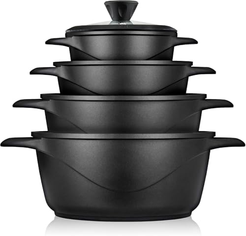 briebe Topfset Induktion 8-Teilig, Kochtopf Set 4 Töpfen aus Aluminiumguss, Antihaftbeschichtung ILAG GRANITEC ohne PFOA, Deckeln aus Glass, Topfhandschuhe Silikon, Glaskeramik, Gas, Ofen, MGK-12S