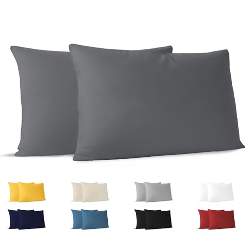 Dreamzie Taie Oreiller 70x40 cm (Lot de 2) 100% Coton Jersey 150 GSM - Anthracite - Taie d'oreiller...