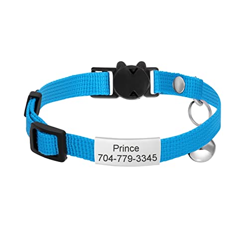 Jiquan Personalized Cat Collars,Breakaway Adjustable Kitten Collars with Name Tag,Cat ID Collar Engraved Pet Name Phone,Safety Collars with Bell,7 Colors,Up to 3 Lines of Custom Text(S Blue)