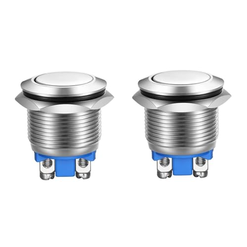 2 stücke Momentan Taster Schraubklemmen Edelstahl Metall wasserdichte Taste 19mm Auto Runde Wasserdichter Power-Drucktaster Klein Rund Chrom Edelstahl Metall Schließer (Flachkopf)