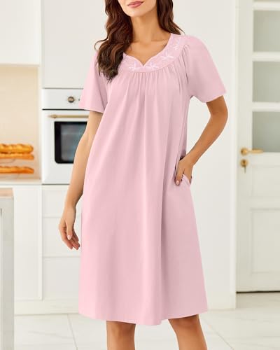 Image of Ekouaer Moo Moos for Women House Dress With Pockets Cotton Nightgowns Short Sleeve Night gowns Embroidered Mumu Dress