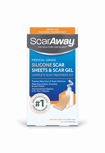Image of ScarAway Complete Scar Treatment Kit, Clinically Supported Treatment (Pack of 2) Tan Medical-Grade Silicone Scar Sheets (1.5 inch x 3 inch) and Silicone Gel (0.35 Oz), Water-Resistant & Self-Adhesive