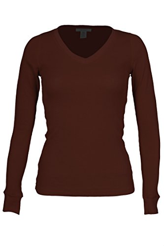 Fitscloth Women's RT1205V Waffle Thermal V Neck T Shirt Brown Small