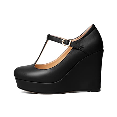 Soireelady Women's Platform Wedges Round Toe Wedge Heel Pumps T Strap High Heels Comfortable Office Dress Platform Pumps Classic Heeled Buckle Shoes2
