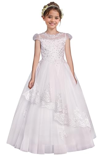 Lace Flower Girl Dress Tulle First Communion Dress for Girls Sequin Pageant Formal Party Birthday Gown