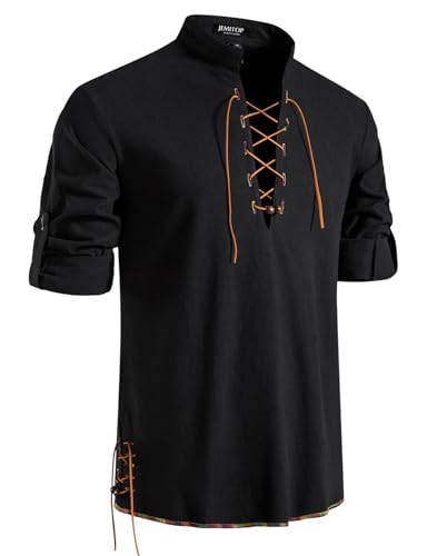 JEMITOP Men's Pure Cotton Retro Lace Up Shirts for Renaissance Pirate Medieval Viking