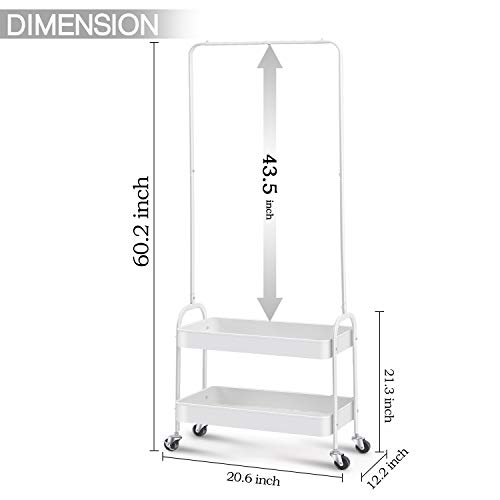 KINGRACK 2-in 1 Garment Rack, Clothing Rack with 2 Tier Metal Basket, Rolling Storage Cart Clothes Organizer Coat Rack Storage Stand on Wheels for Home Bedroom Laundry Small Place Entryway, White