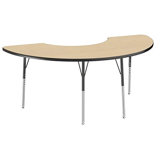 Image of FDP Half Moon Activity School and Office Table (36 x 72 inch), Standard Legs with Swivel Glides for Collaborative Seating Environments, Adjustable Height 19-30 inches - Maple Top and Black Edge