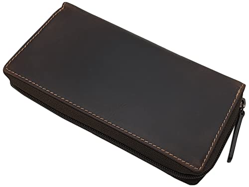 myledershop Große Vollrindleder Damen Geldbörse/Geldbeutel/Portemonnaie/Geldtasche/Portmonee rundherum mit Lianen Prägung oder ohne Prägung und RFID & NFC Schutz inkl. Nähset (Ohne Prägung/Braun)