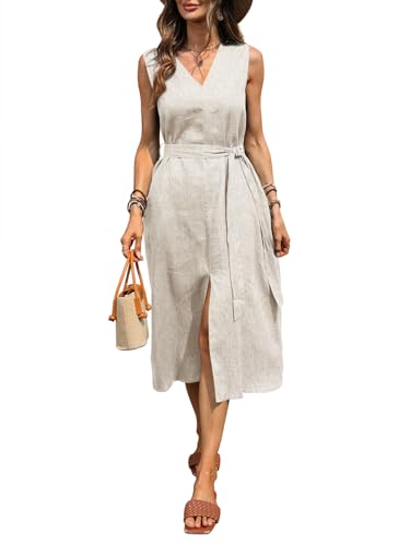 Image of Women's 100% Linen Midi Dress V Neck Sleeveless Tie Waist Side Slit Dresses 2026 Summer Dress with Pocket