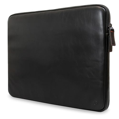 Casemade Real Leather Laptop Case/Zipped Folio Bag with Inner Pocket & Wool Lining Compatible with Apple MacBook, HP, Dell, Asus, Levovo (14 Inch - Black)