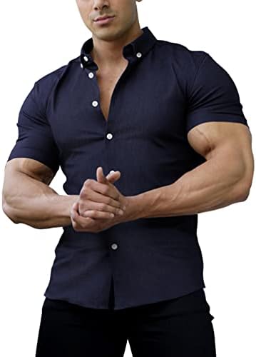 AstoSeu Men's Muscle Dress Shirts Slim Fit Stretch Short Sleeve Casual Button Down Denim Shirts Dark Blue L