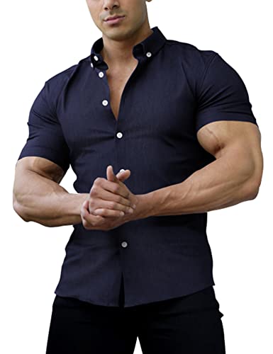 Astoseu Men's Muscle Dress Shirts Slim Fit Stretch Short Sleeve Casual Button Down Denim Shirts Dark Blue L #TOP7