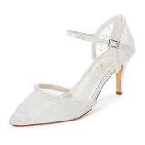 Elivandon 870174 Damen Spitze Hochzeit Absätze Spitz Zehe Perlen 7,5 cm Mittlerer Absatz Schnalle Braut Pumps Hochzeitsschuhe Farbe Elfenbein,Größe 38 EU (5 UK)