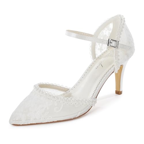 Elivandon 870174 Women Lace Wedding Heels Pointy Toe Pearl 2.95 Inch Mid Heel Buckle Bride Pump Wedding Shoes