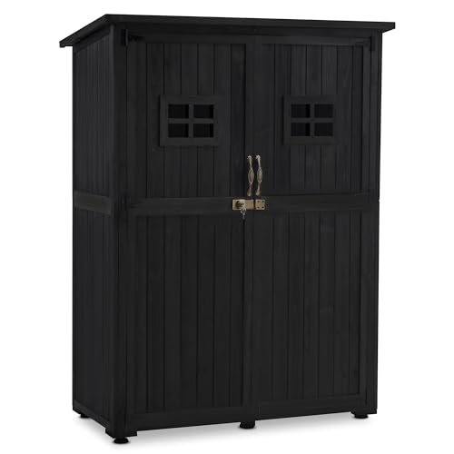 MCombo Large Wooden Outdoor Storage Cabinet with 2 Shelves Oversize Garden Storage Shed with Lock Tool Shed for Patio Yard Lawn 1911 Black